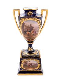 A Sèvres Style Painted and Parcel Gilt Porcelain Urn on Stand