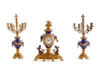 A Napoleon III Style Gilt Bronze Mounted Cobalt Porcelain Clock Garniture