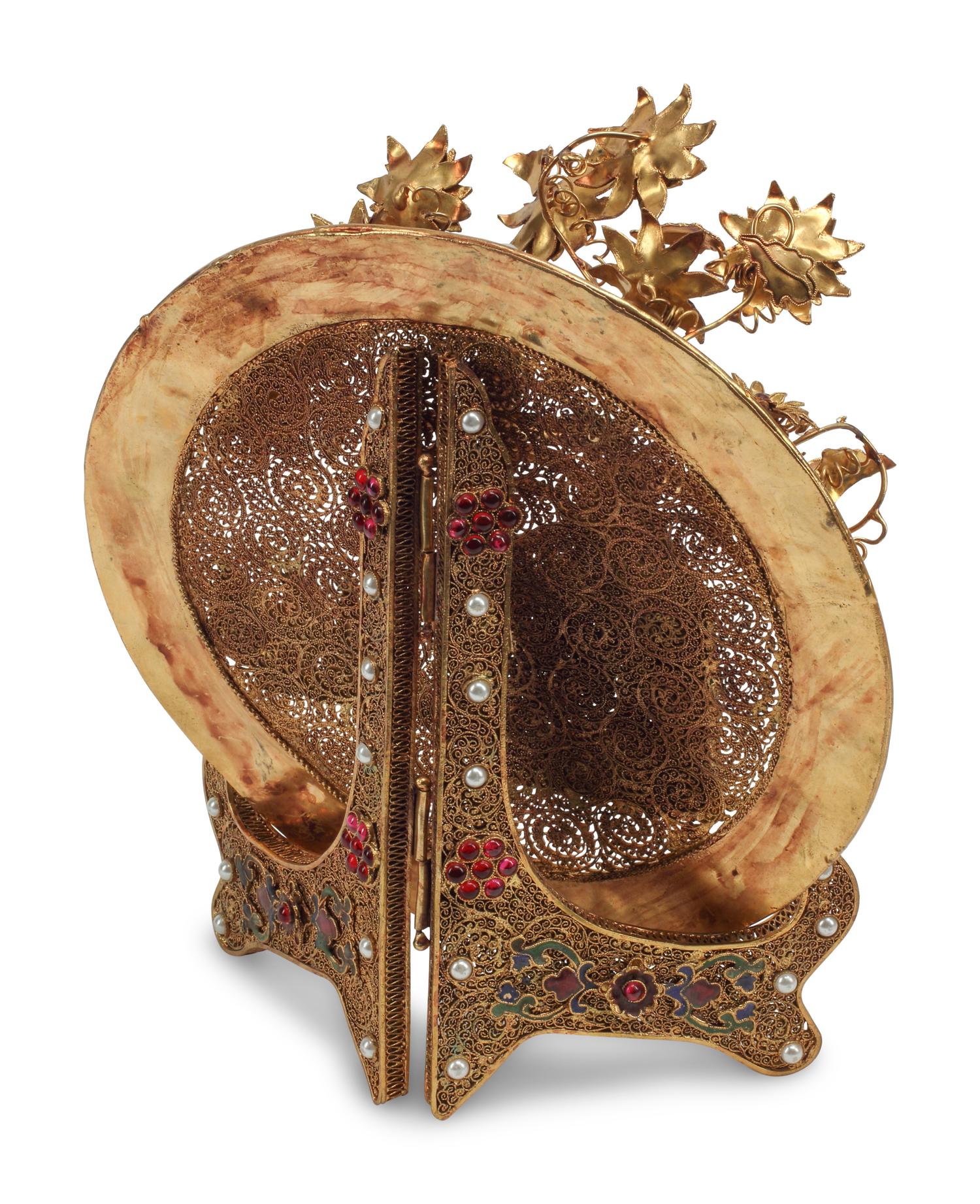 A Chinese Jeweled Filigree and Enamel Plate and Stand