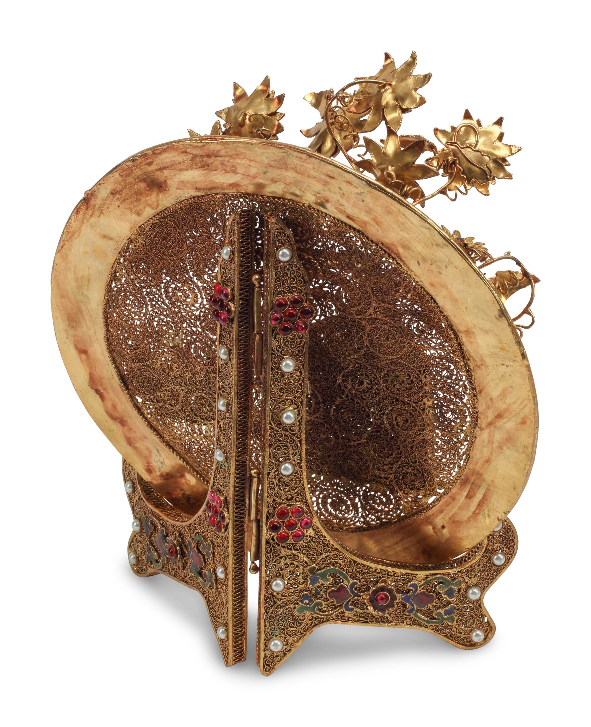 A Chinese Jeweled Filigree and Enamel Plate and Stand
