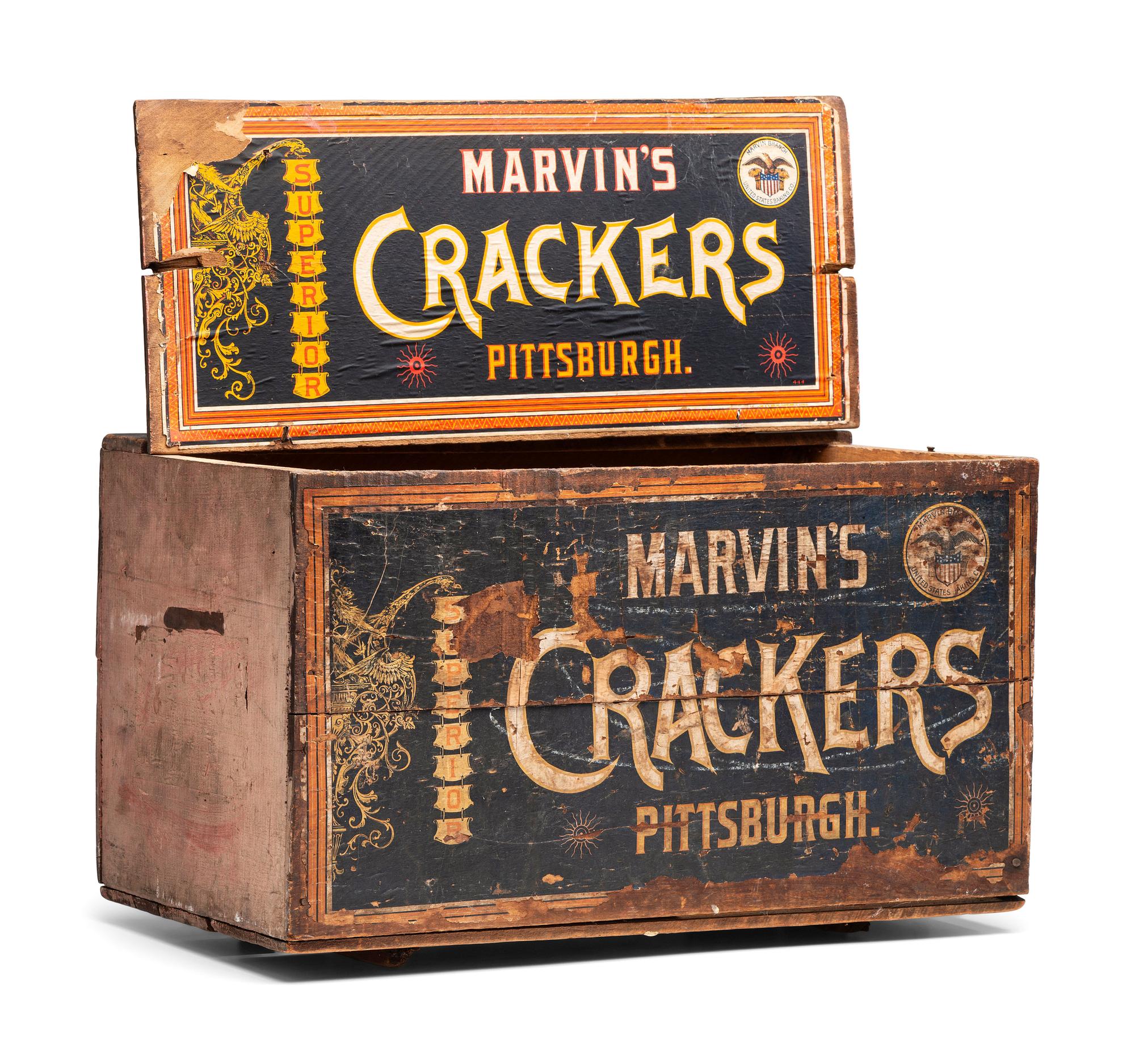 A Slat-Wood 'Marvin's Superior' Hinged-Lid Cracker Box