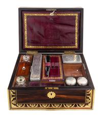 A Regency Brass Mounted Calamander Cased Toiletry Set Height 5 1/2 x width 12 3/4 x depth 9 1/4 inches. — FIRST HALF 19TH CENTURY