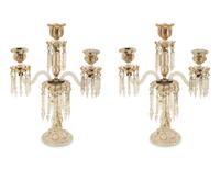 A Pair Gilt and Enamel Decorated Molded Glass Three-Light Candelabra — 19th Century