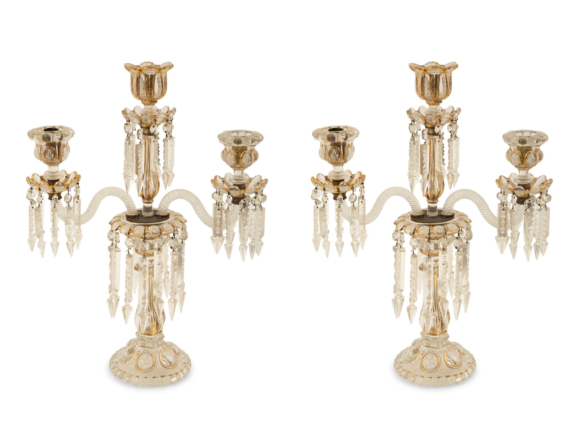 A Pair Gilt and Enamel Decorated Molded Glass Three-Light Candelabra — 19th Century
