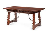A Spanish Iron Mounted Walnut Trestle Table