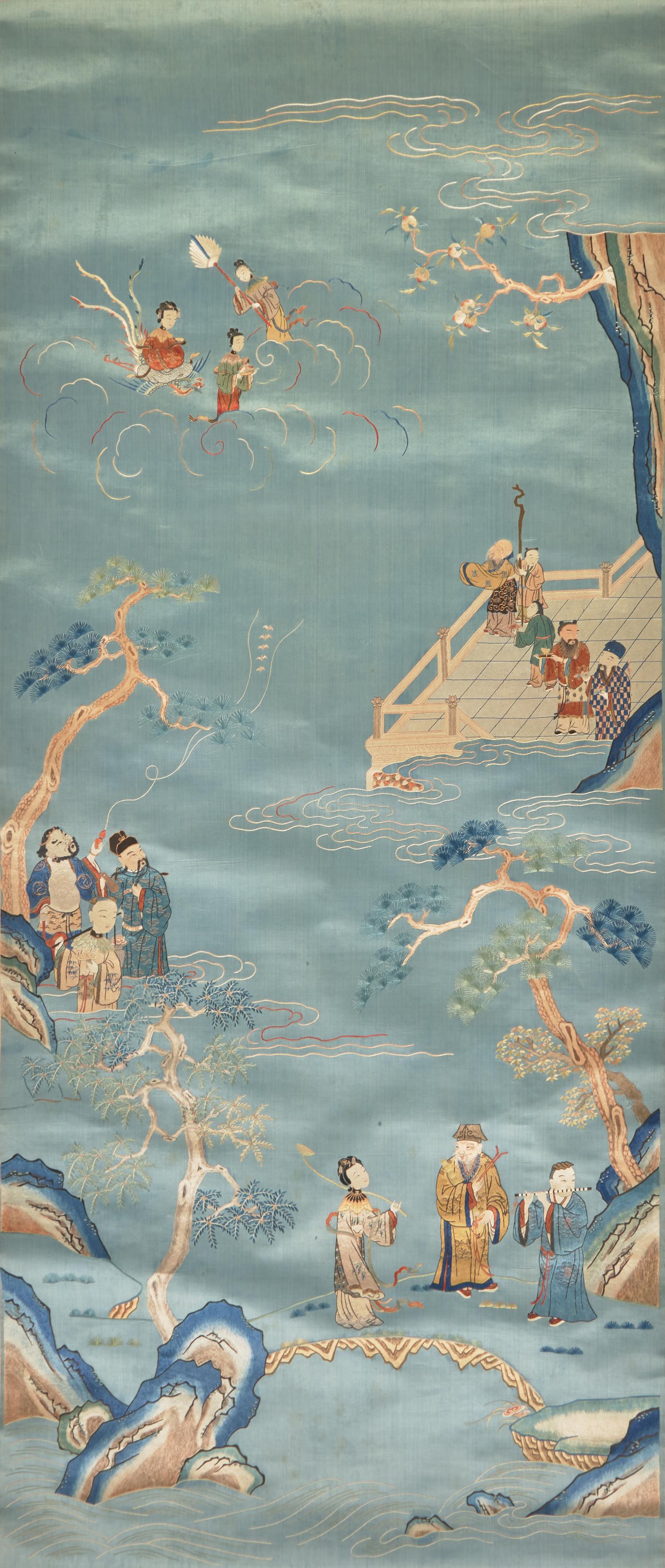 A Chinese Blue Ground Embroidery 'Birthday' Scroll with Calligraphy Panel, 19th Century 清晚期 藍緞地綉八仙祝壽圖立軸