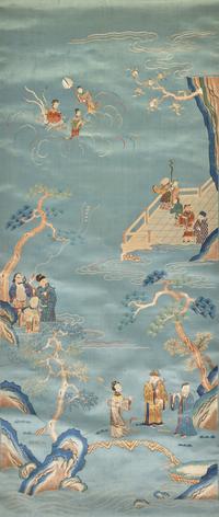 A Chinese Blue Ground Embroidery 'Birthday' Scroll with Calligraphy Panel, 19th Century 清晚期 藍緞地綉八仙祝壽圖立軸