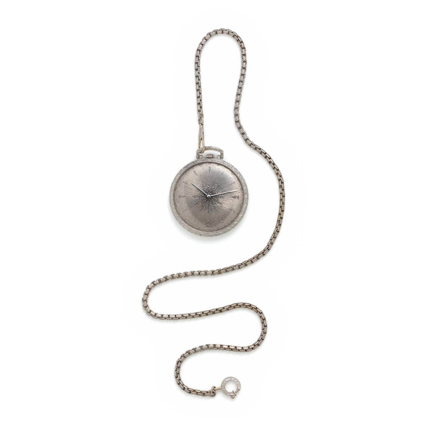 BUCCELLATI, 18K WHITE GOLD OPEN FACE POCKET WATCH AND FOB CHAIN