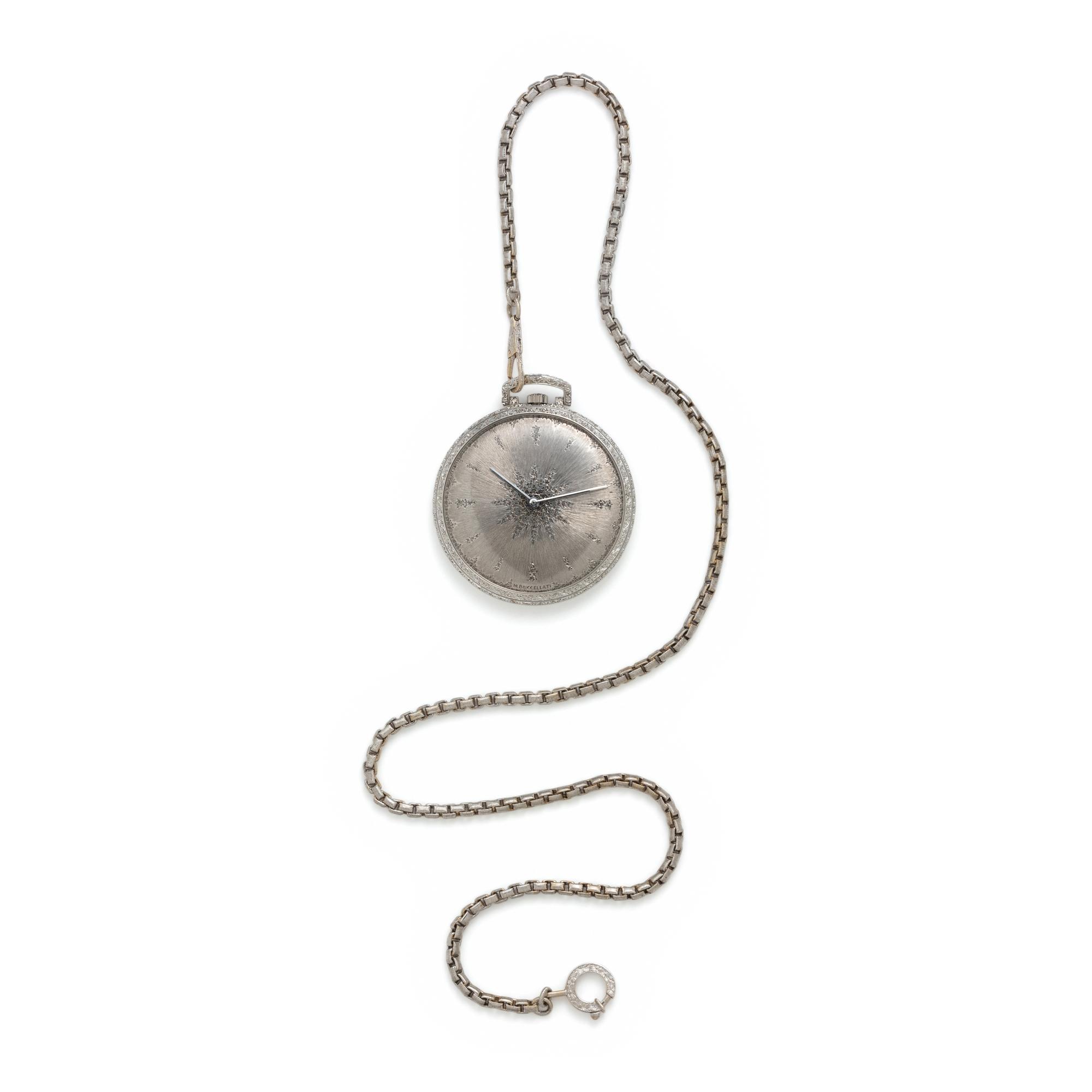 BUCCELLATI, 18K WHITE GOLD OPEN FACE POCKET WATCH AND FOB CHAIN