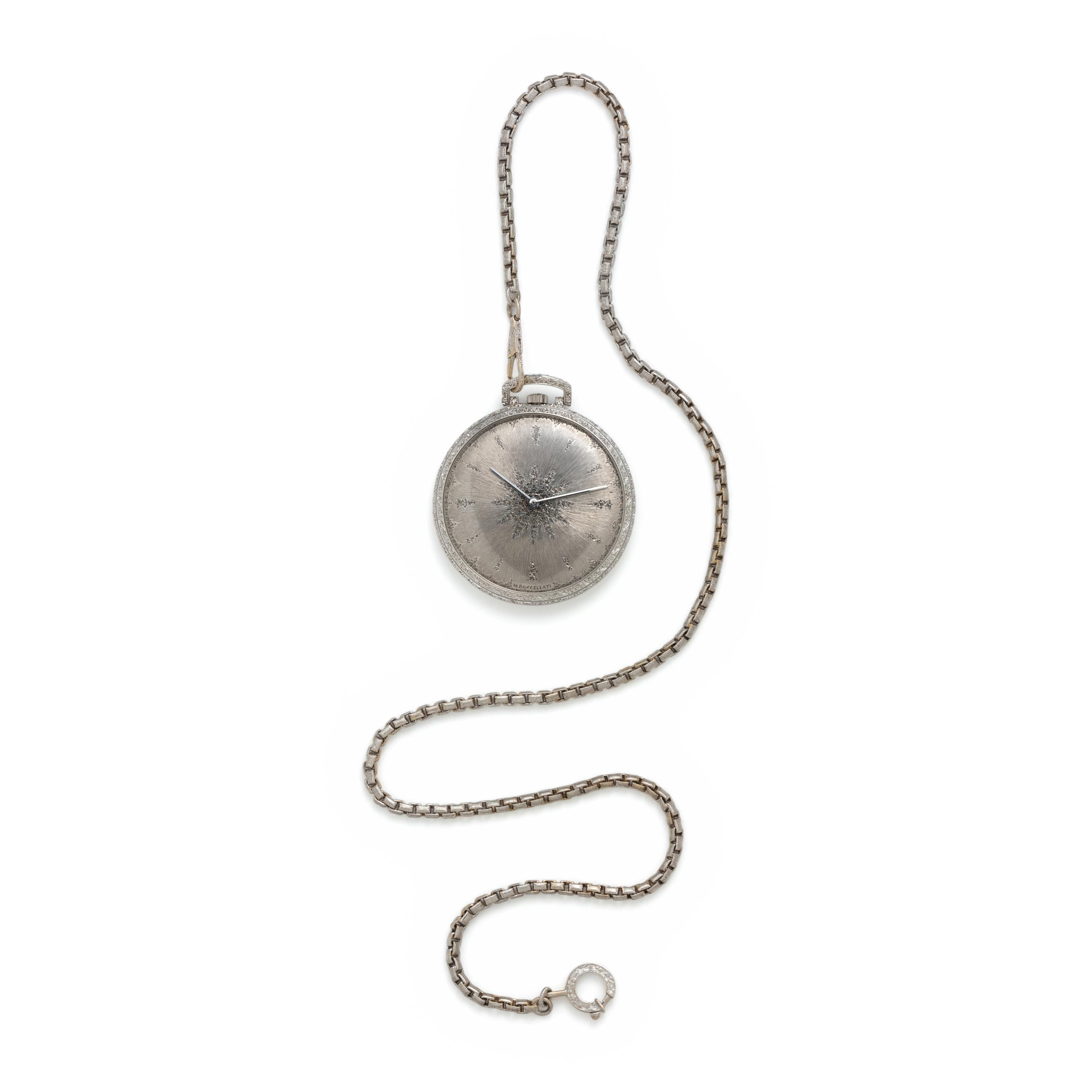 BUCCELLATI, 18K WHITE GOLD OPEN FACE POCKET WATCH AND FOB CHAIN
