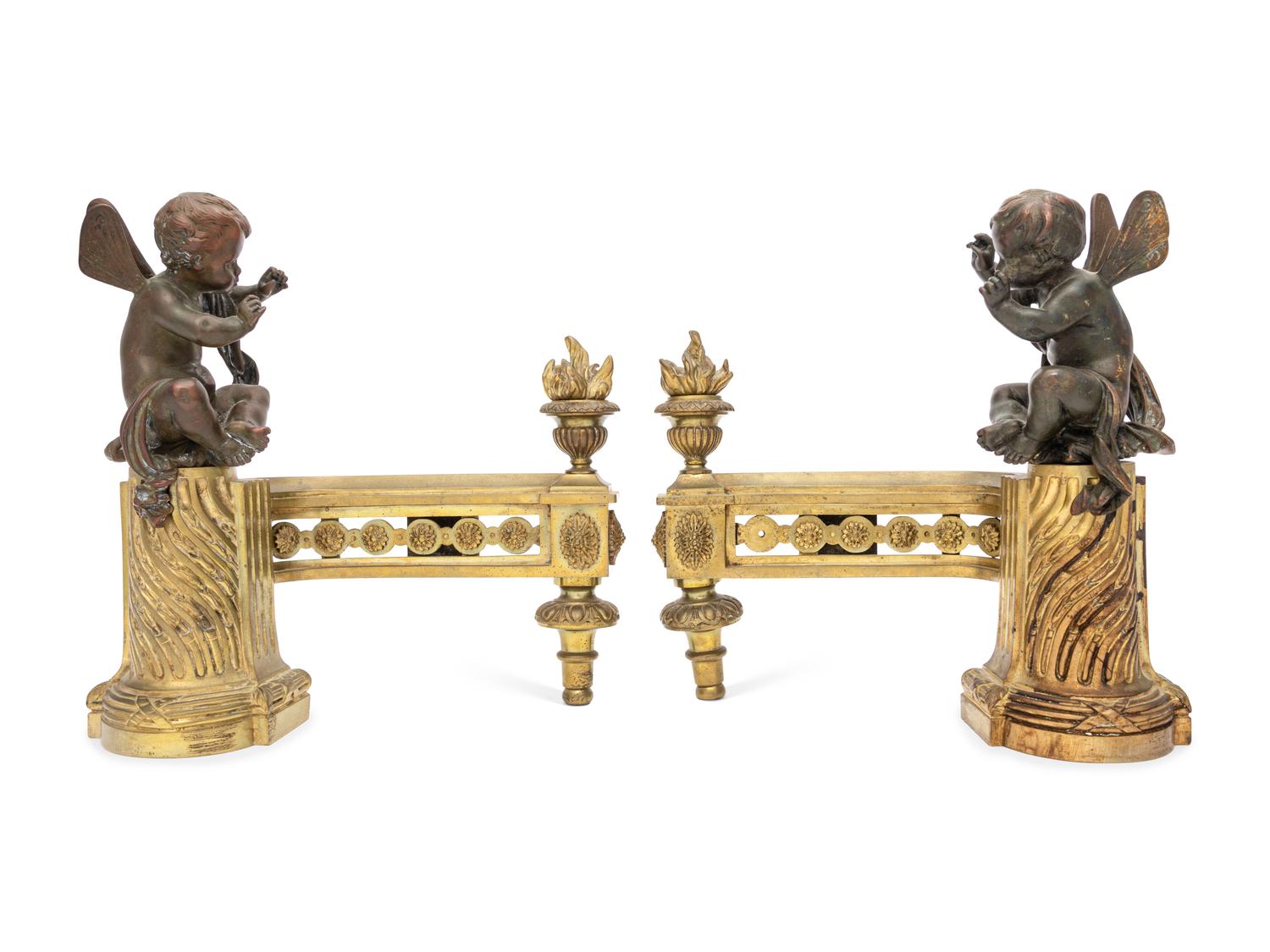 A Pair of French Gilt and Patinated Bronze Figural Chenets