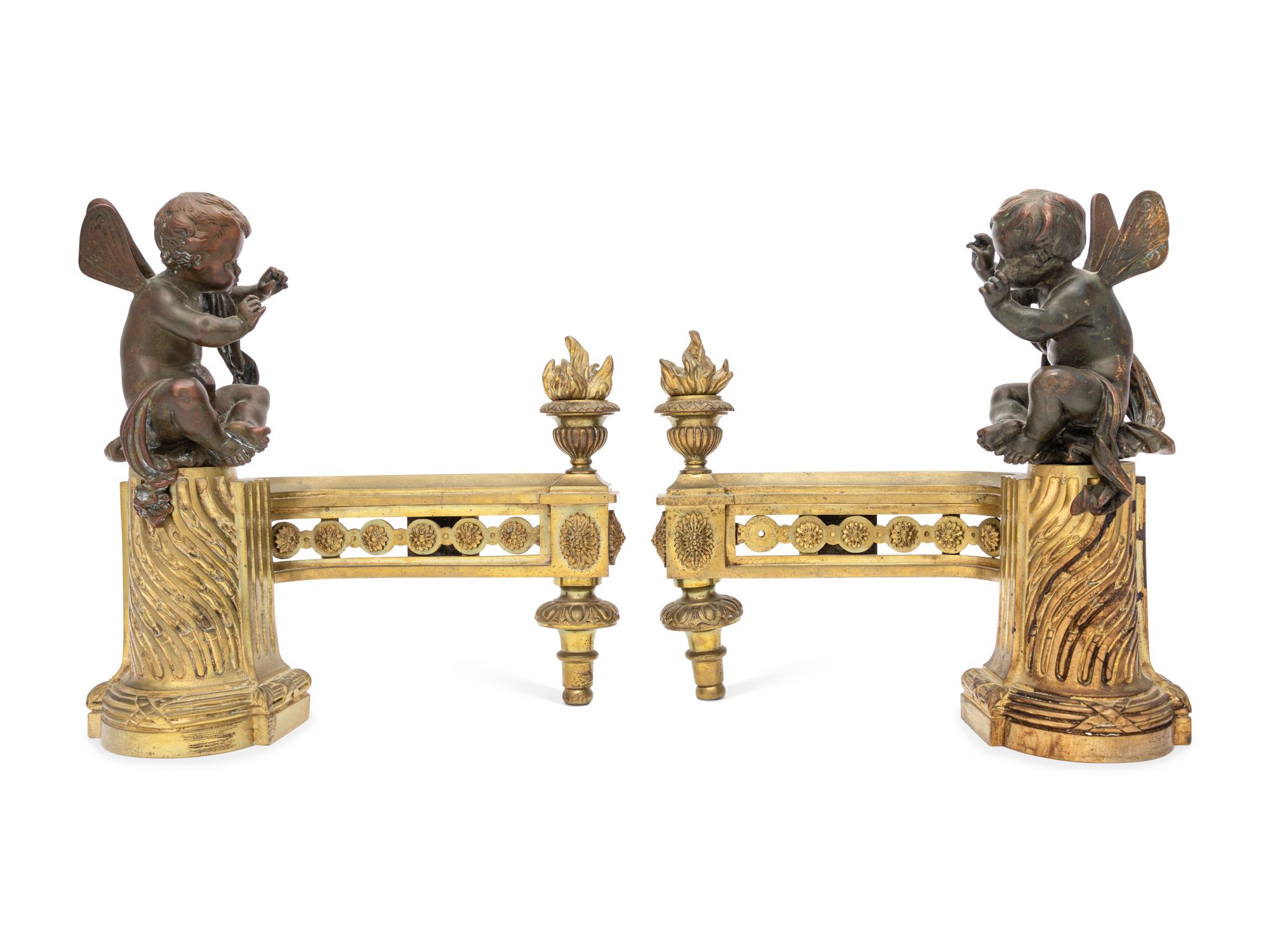 A Pair of French Gilt and Patinated Bronze Figural Chenets