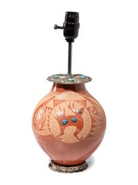 Sgraffito Lamp Base with Silver and Turquoise Concha