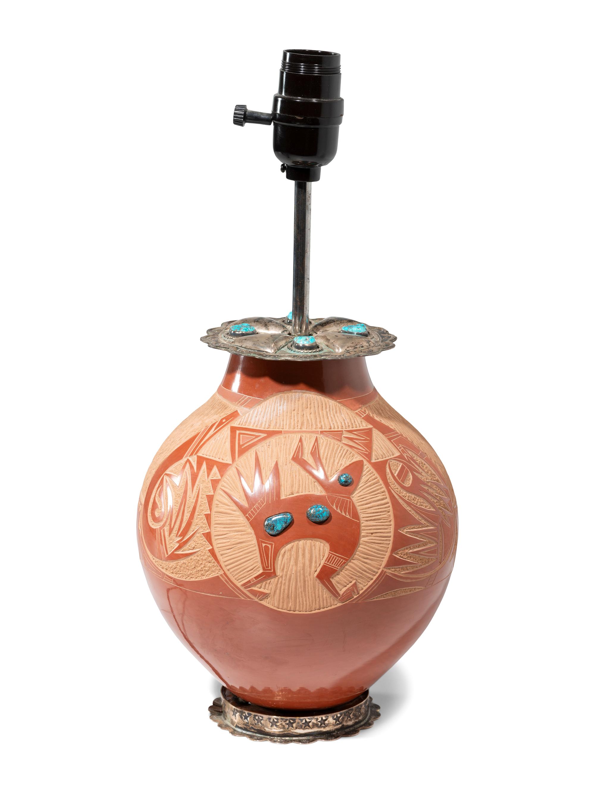 Sgraffito Lamp Base with Silver and Turquoise Concha