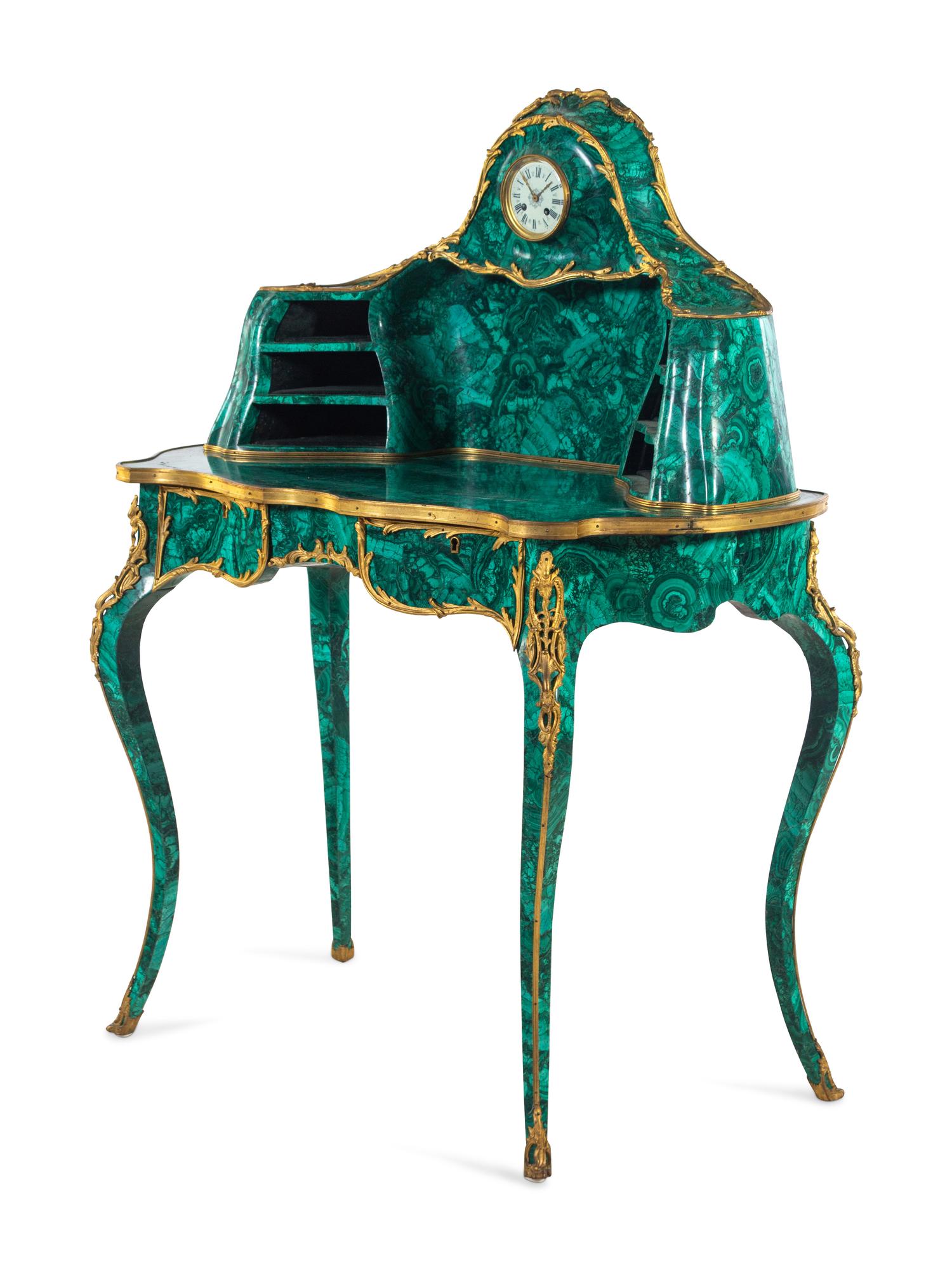 A Louis XV Style Gilt Bronze Mounted Malachite Bureau de Dame