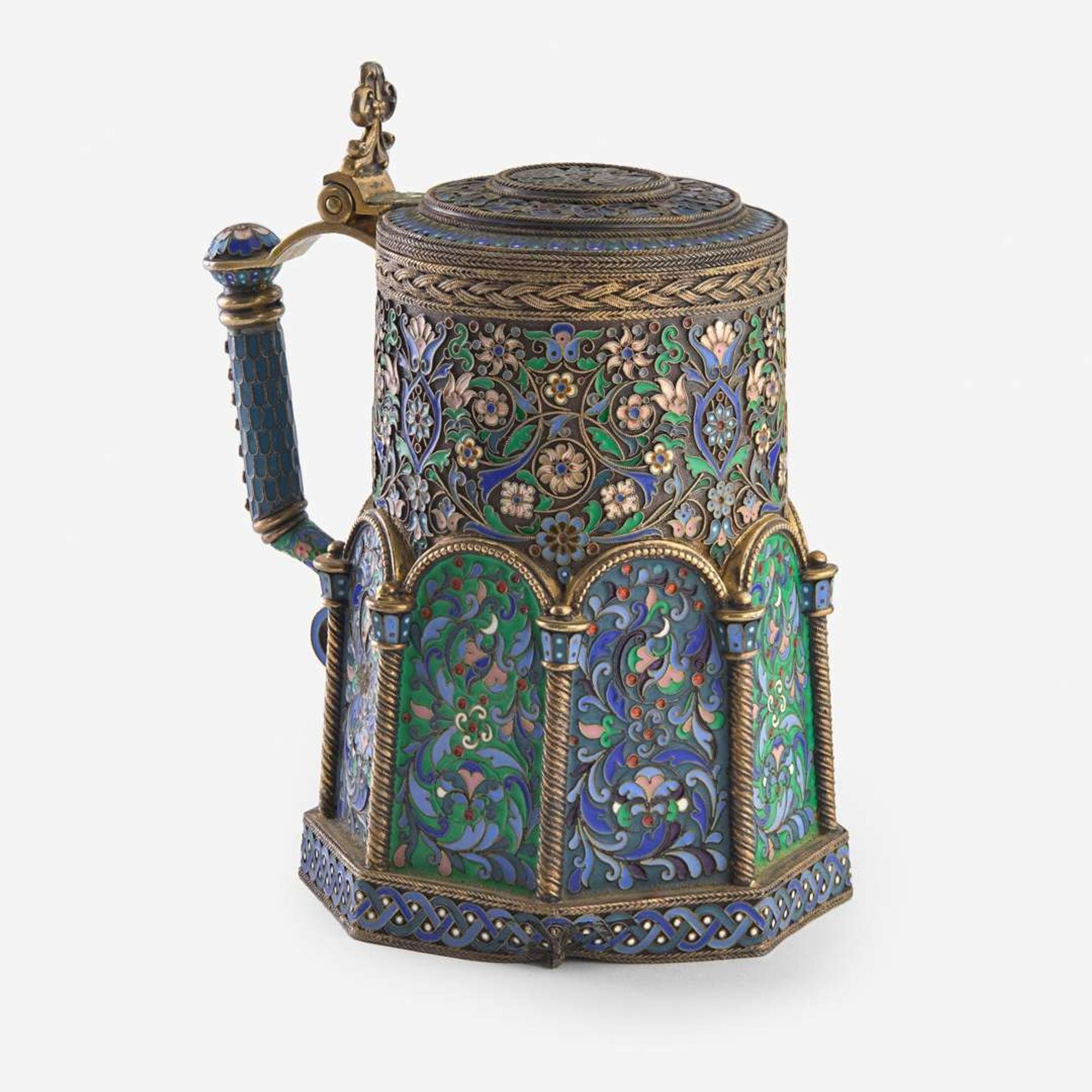 A Russian Silver-Gilt Plique-à-Jour and Cloisonné Imperial Presentation Tankard Pavel Ovchinnikov, Moscow, 1892