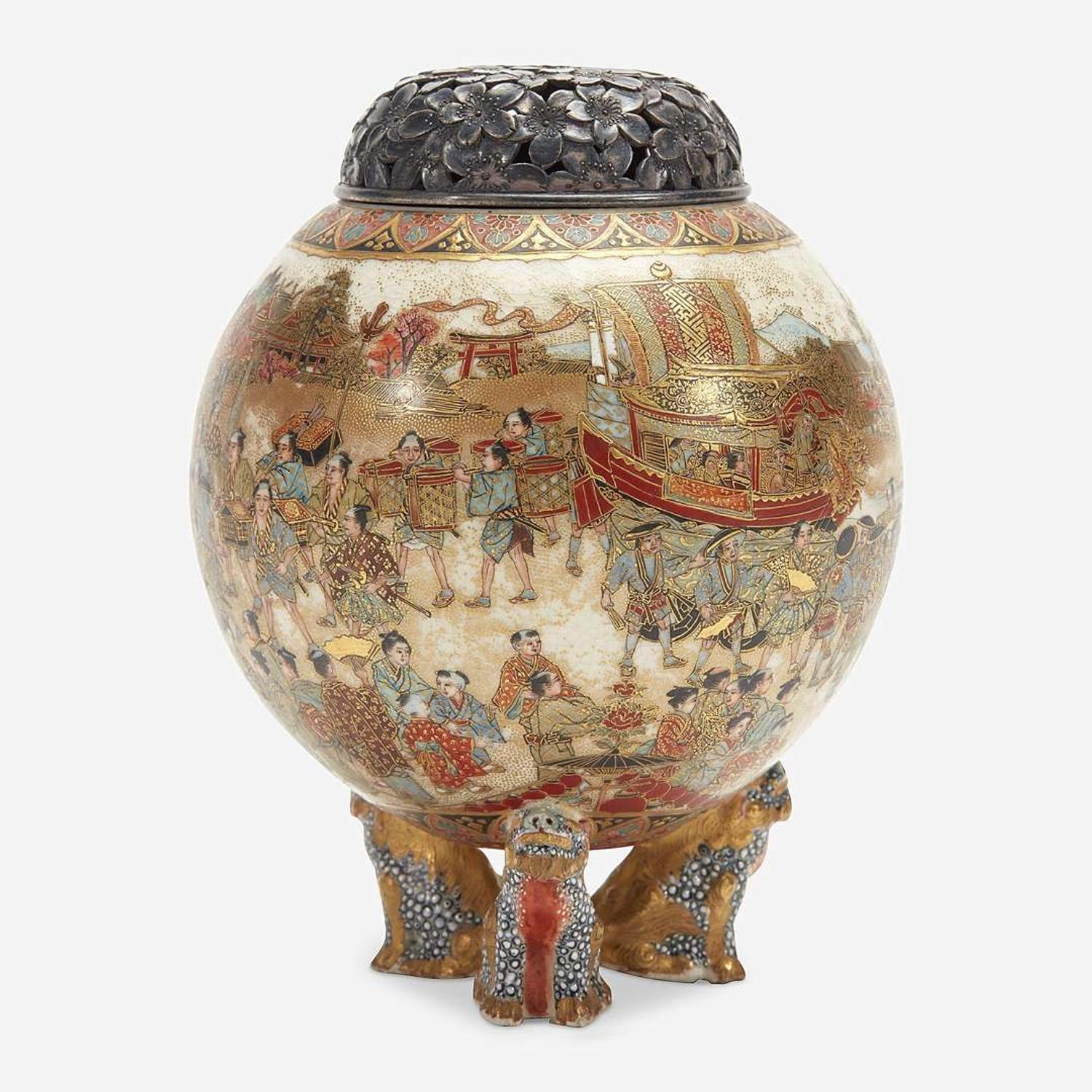 A small Satsuma-type enameled pottery koro with silver cover and a small bowl, Meiji period