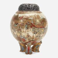 A small Satsuma-type enameled pottery koro with silver cover and a small bowl, Meiji period