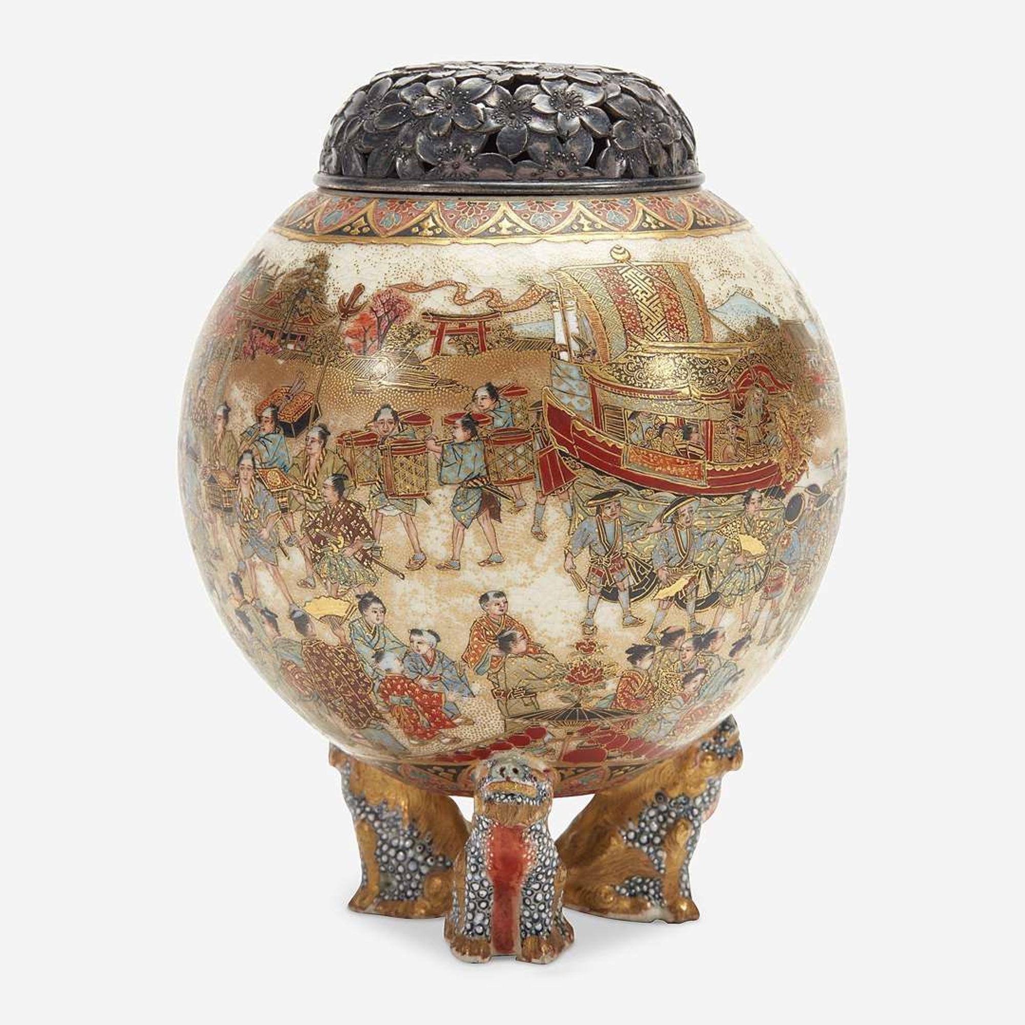 A small Satsuma-type enameled pottery koro with silver cover and a small bowl, Meiji period