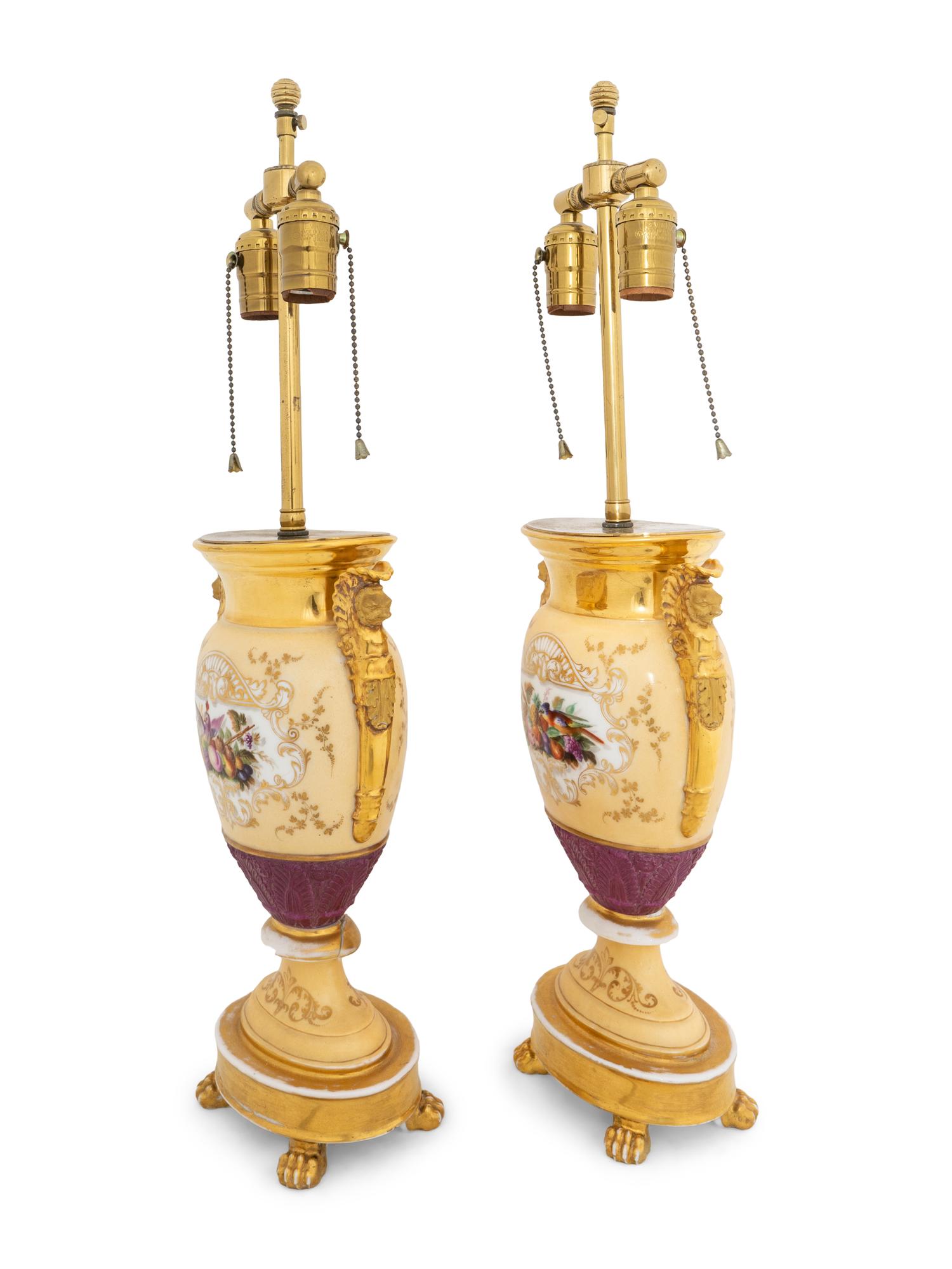 A Pair of Parcel Gilt Hand-Painted Paris Porcelain Urns Mounted as Lamps