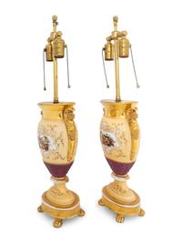 A Pair of Parcel Gilt Hand-Painted Paris Porcelain Urns Mounted as Lamps