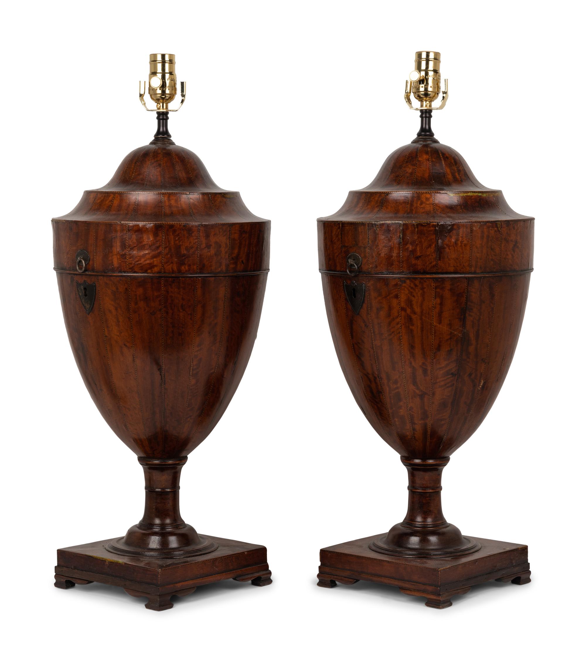 A Pair of English Mahogany Cutlery Urns Mounted as Lamps