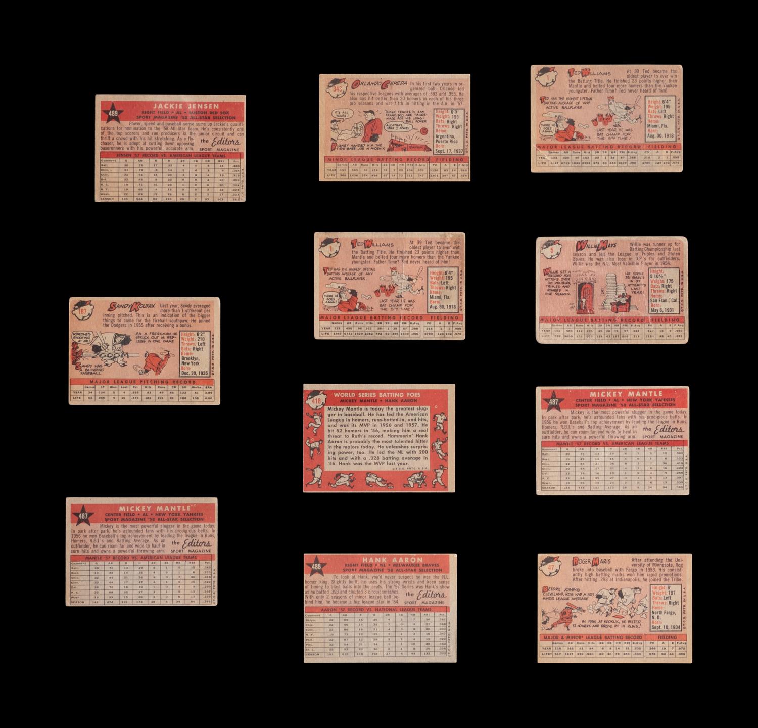 A Group of Over 800 Assorted 1958 Topps Baseball Cards Including Mickey Mantle, Roger Maris Rookie, and Multiple Hall of Famers