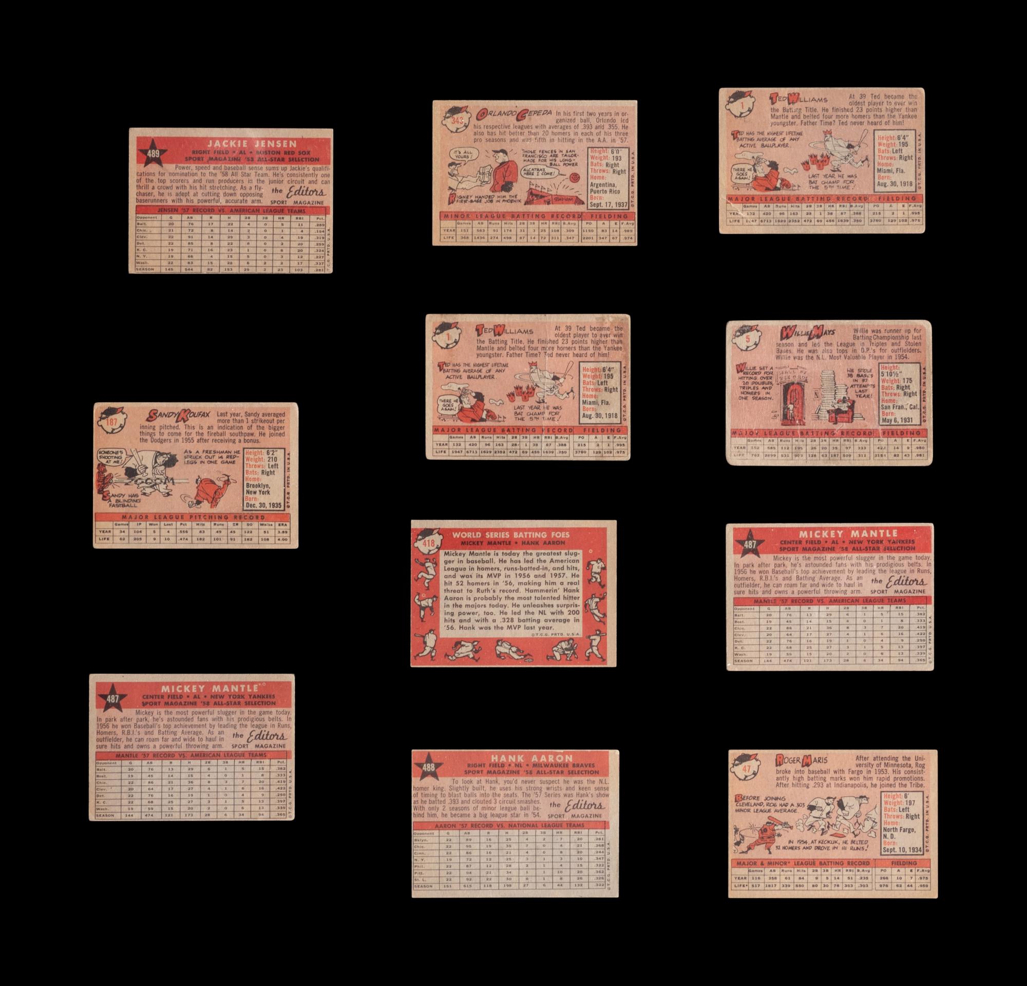 A Group of Over 800 Assorted 1958 Topps Baseball Cards Including Mickey Mantle, Roger Maris Rookie, and Multiple Hall of Famers