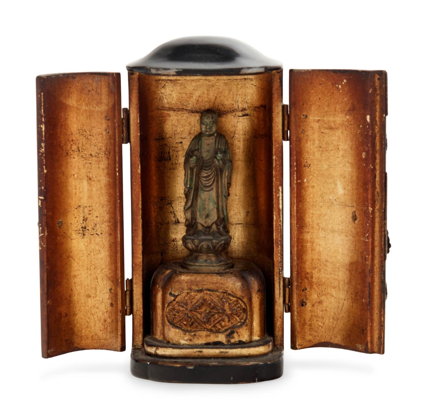 A Small Japanese Black Lacquered Buddhist Shrine with a Small Gilt Bronze Figure of Standing Buddha