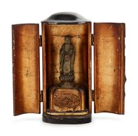 A Small Japanese Black Lacquered Buddhist Shrine with a Small Gilt Bronze Figure of Standing Buddha