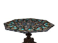 A Continental Pietra Dura, Turquoise, Abalone and Lapis Lazuli Table on a Bronze Base
