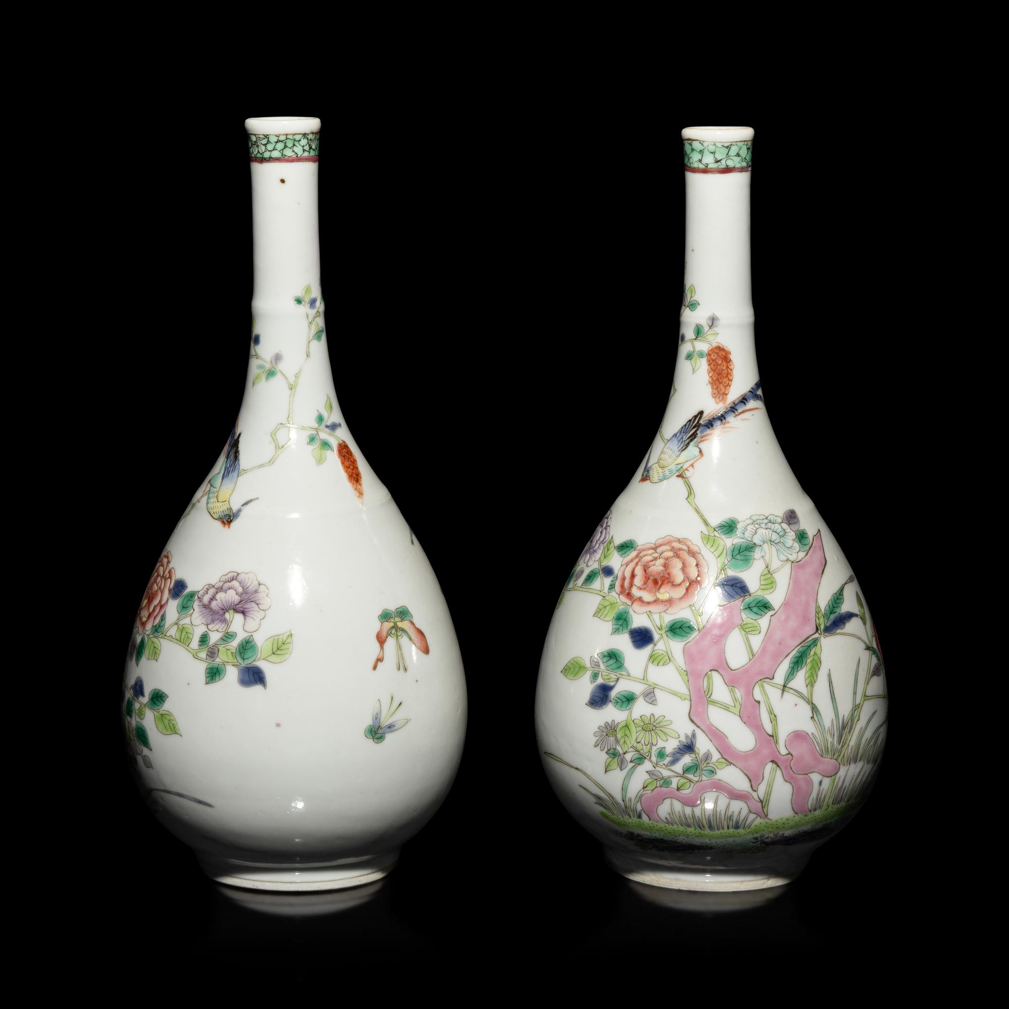 A Pair of Chinese Famille Rose Porcelain 'Peony and Bird' Bottle Vases, 20th Century — 近代 粉彩花鳥圖膽瓶一對