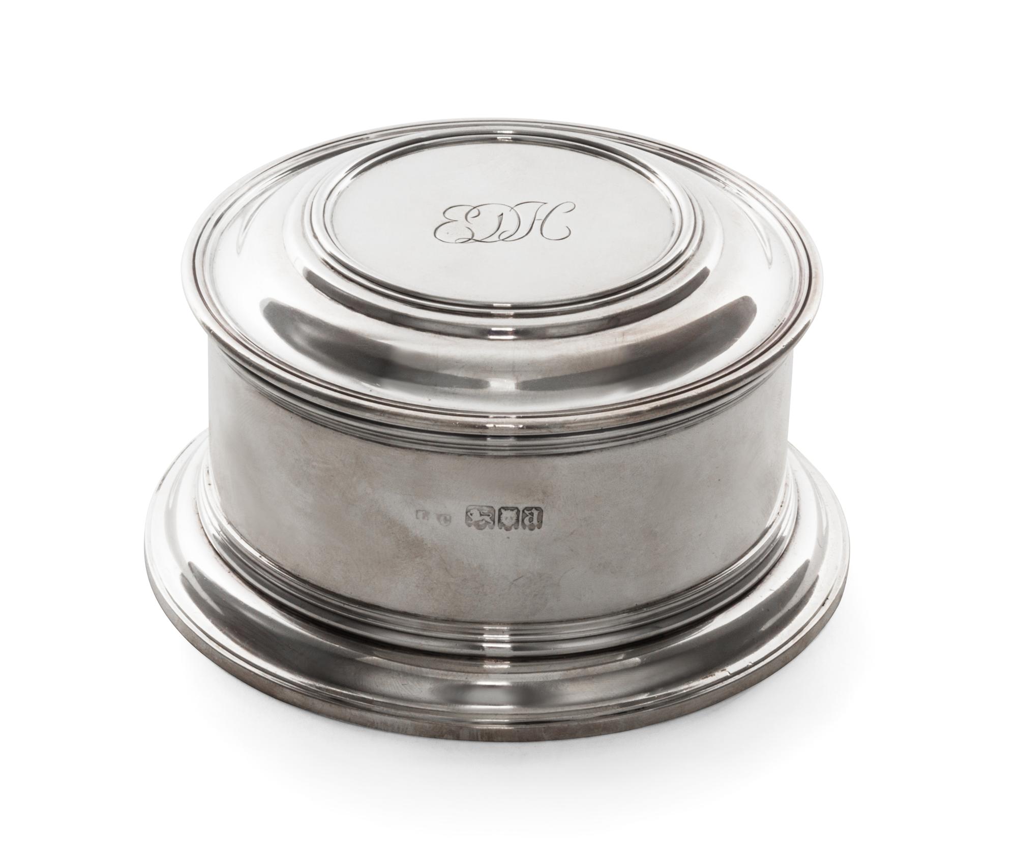 A George V Silver Powder Box, Crichton Bros, London, 1916, circular with stepped cover, engraved EDH, underside engraved From ESH March