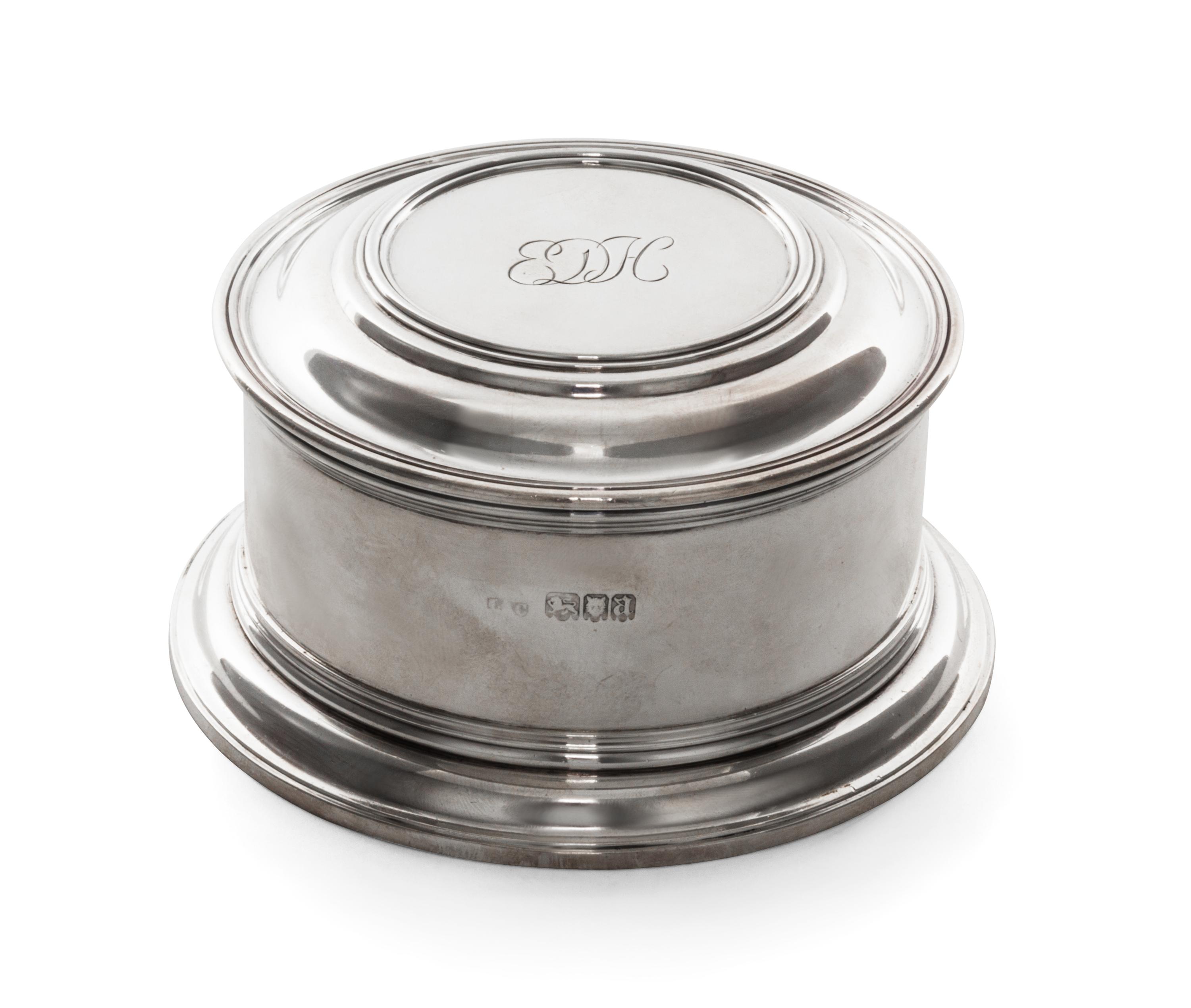 A George V Silver Powder Box, Crichton Bros, London, 1916, circular with stepped cover, engraved EDH, underside engraved From ESH March