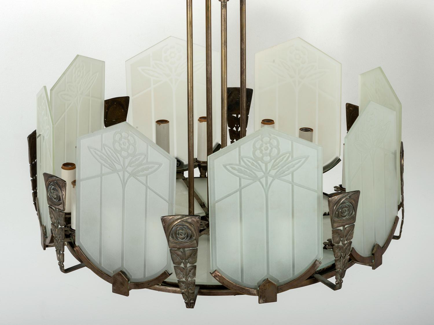 An Art Deco Glass and Nickel-Plated Bronze Chandelier