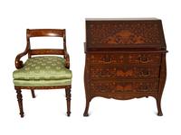 A Dutch Rococo Style Marquetry Slant-Front Bureau and Matching Chair