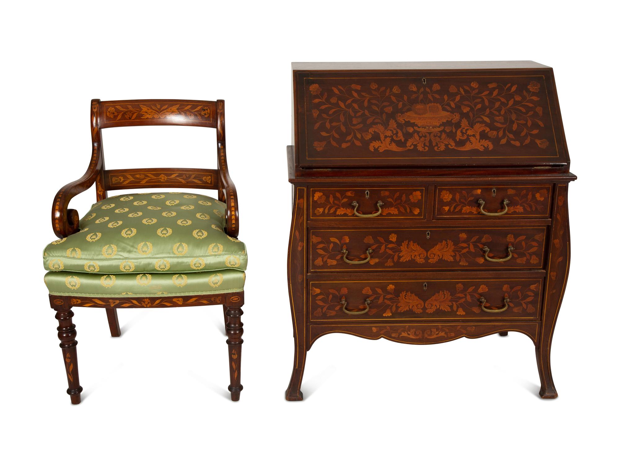 A Dutch Rococo Style Marquetry Slant-Front Bureau and Matching Chair