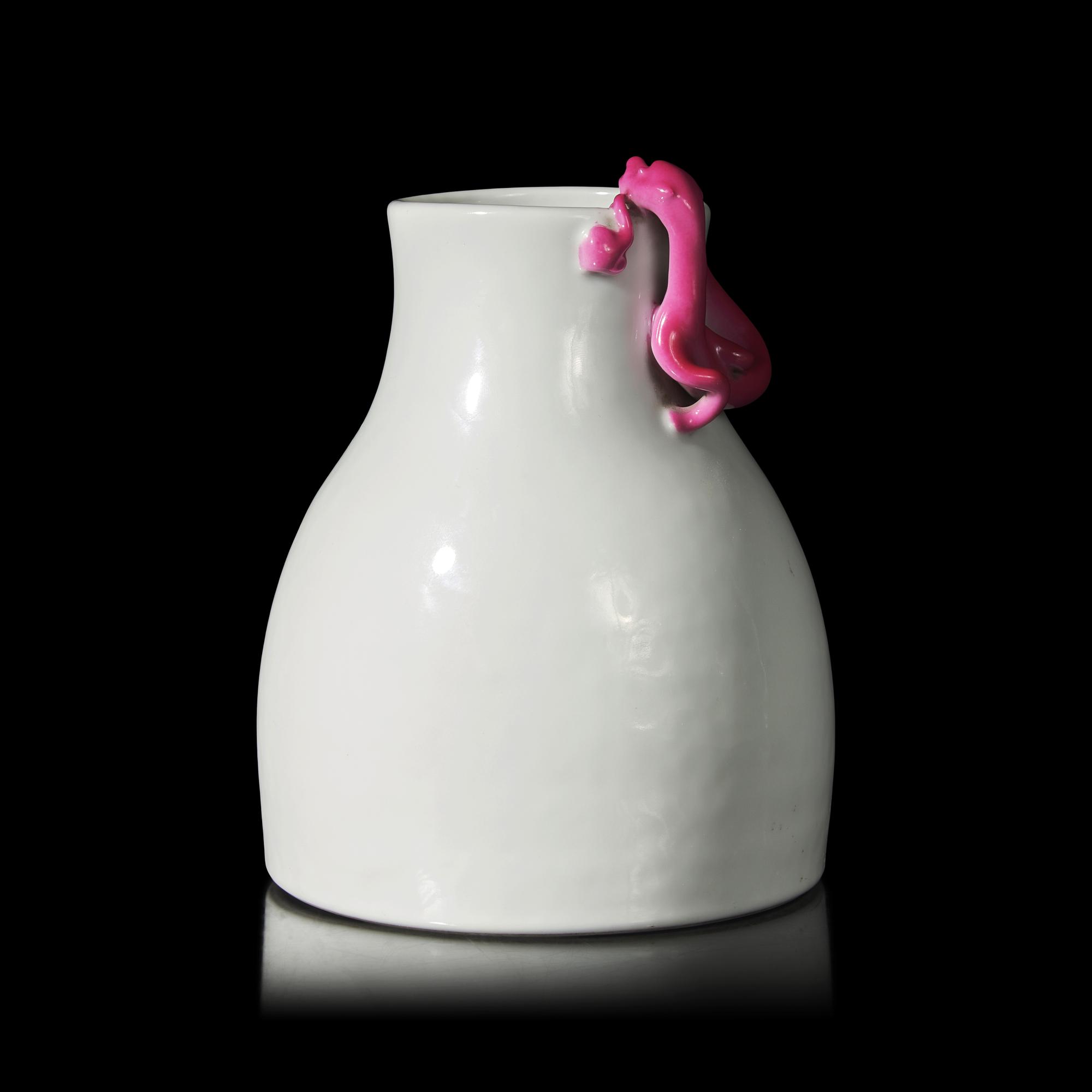 A Chinese Ruby Enameled White Glazed Porcelain 'Chilong' Vase, Possibly 18th Century — 或為清中期 “毓秀軒製”款白釉盤粉彩螭龍瓶
