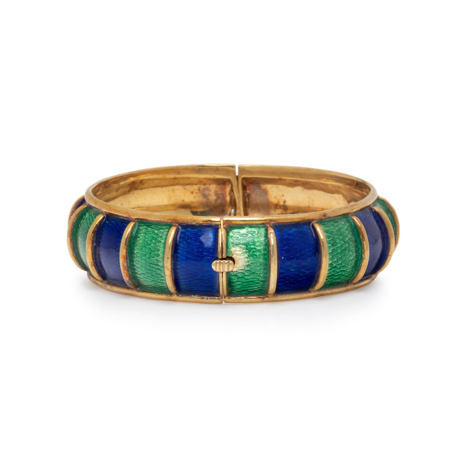 CELLINO, BLUE AND GREEN ENAMEL BANGLE BRACELET