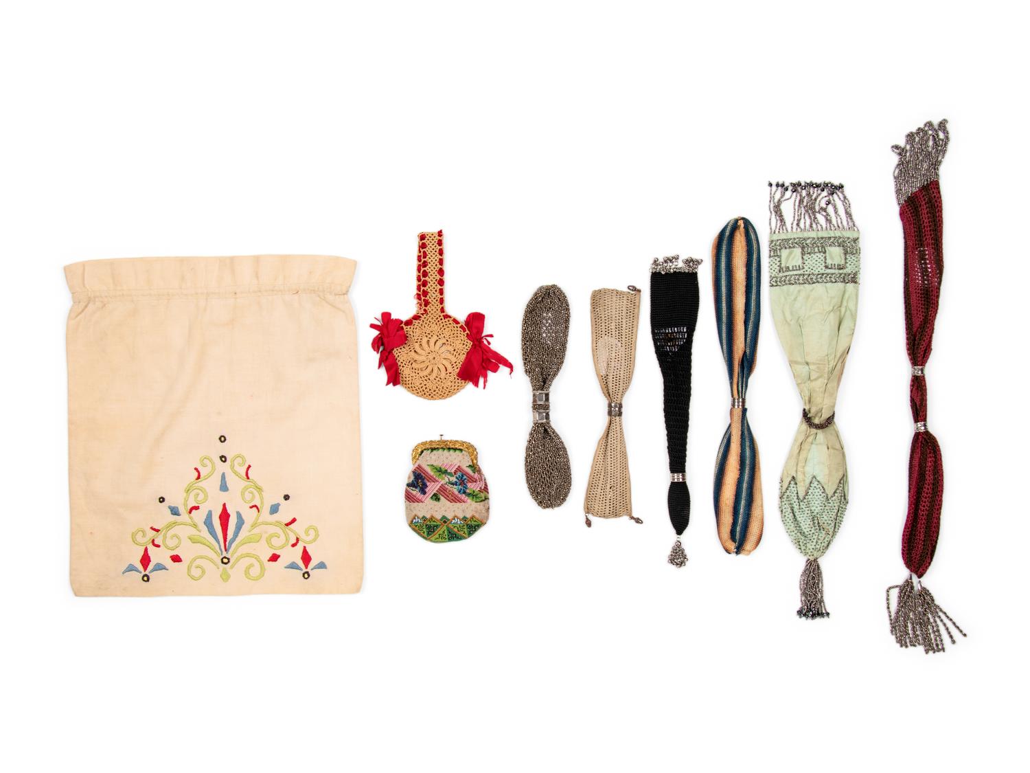 Collection of Sixteen Beaded and Embroidered Fabric and Leather Bags, 1850-1905