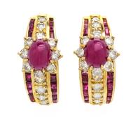 A Pair of 18 Karat Yellow Gold, Ruby and Diamond Hoop Earclips, 16.10 dwts.