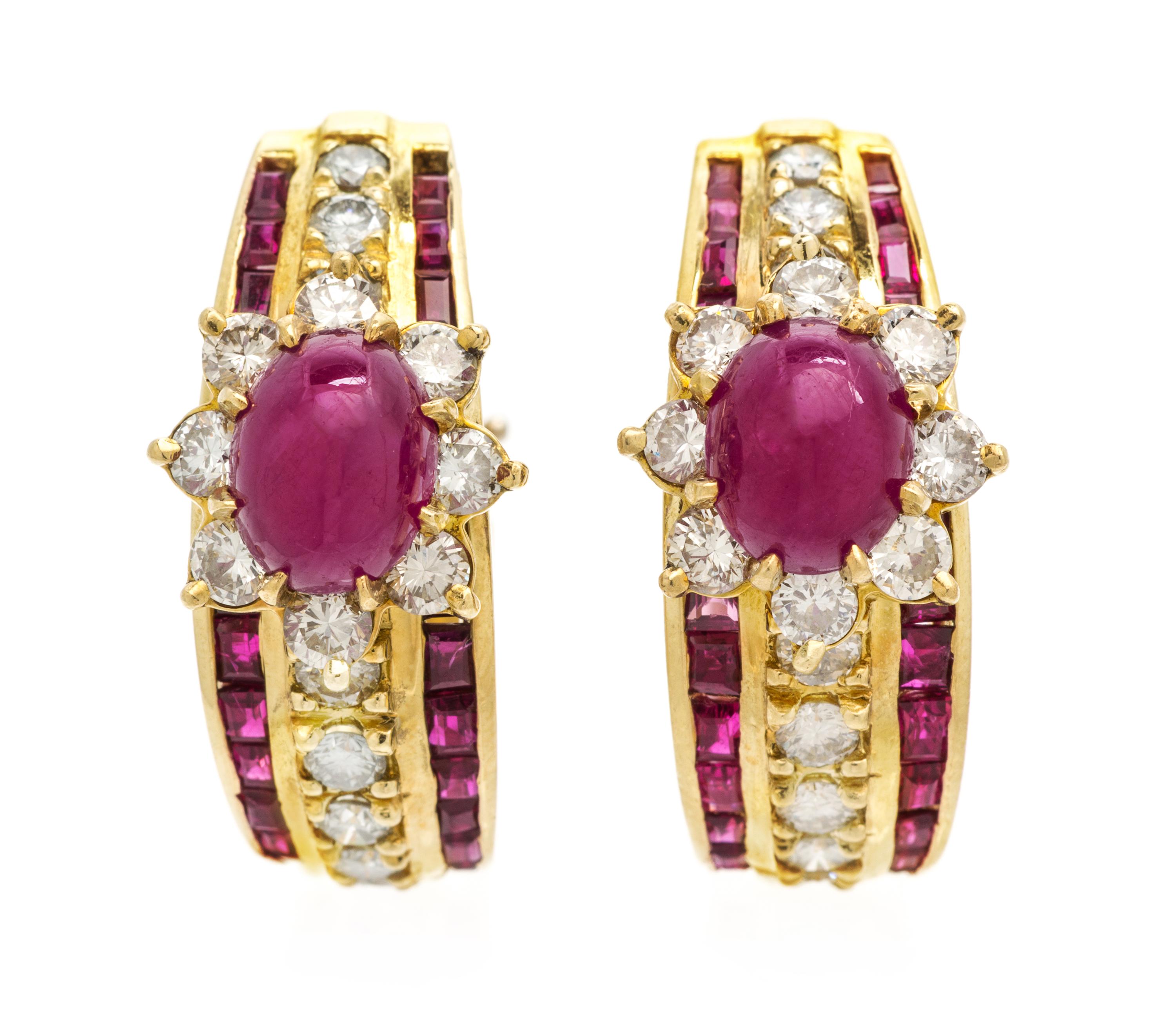 A Pair of 18 Karat Yellow Gold, Ruby and Diamond Hoop Earclips, 16.10 dwts.