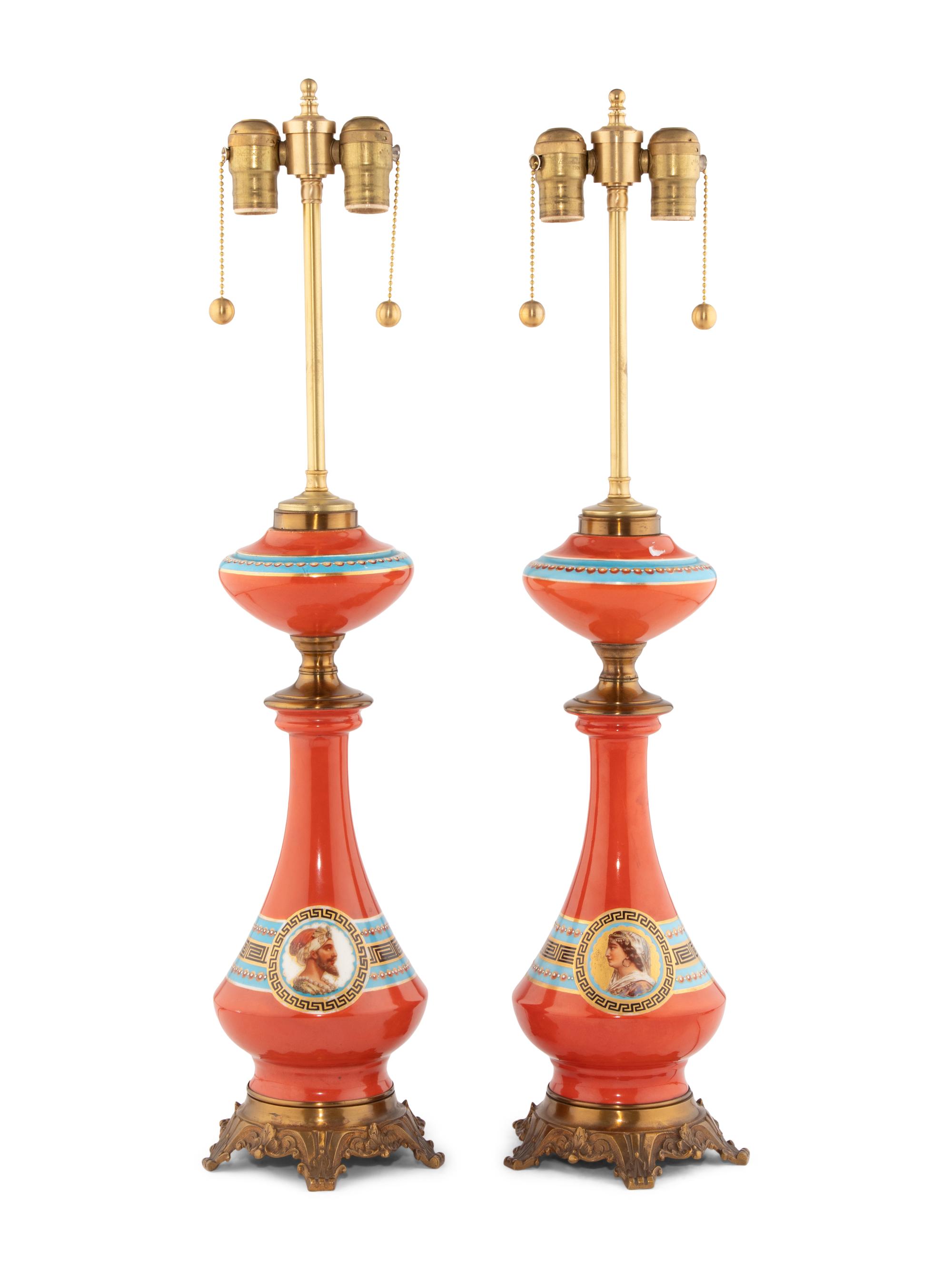 A Pair of French Painted Glass Table Lamps