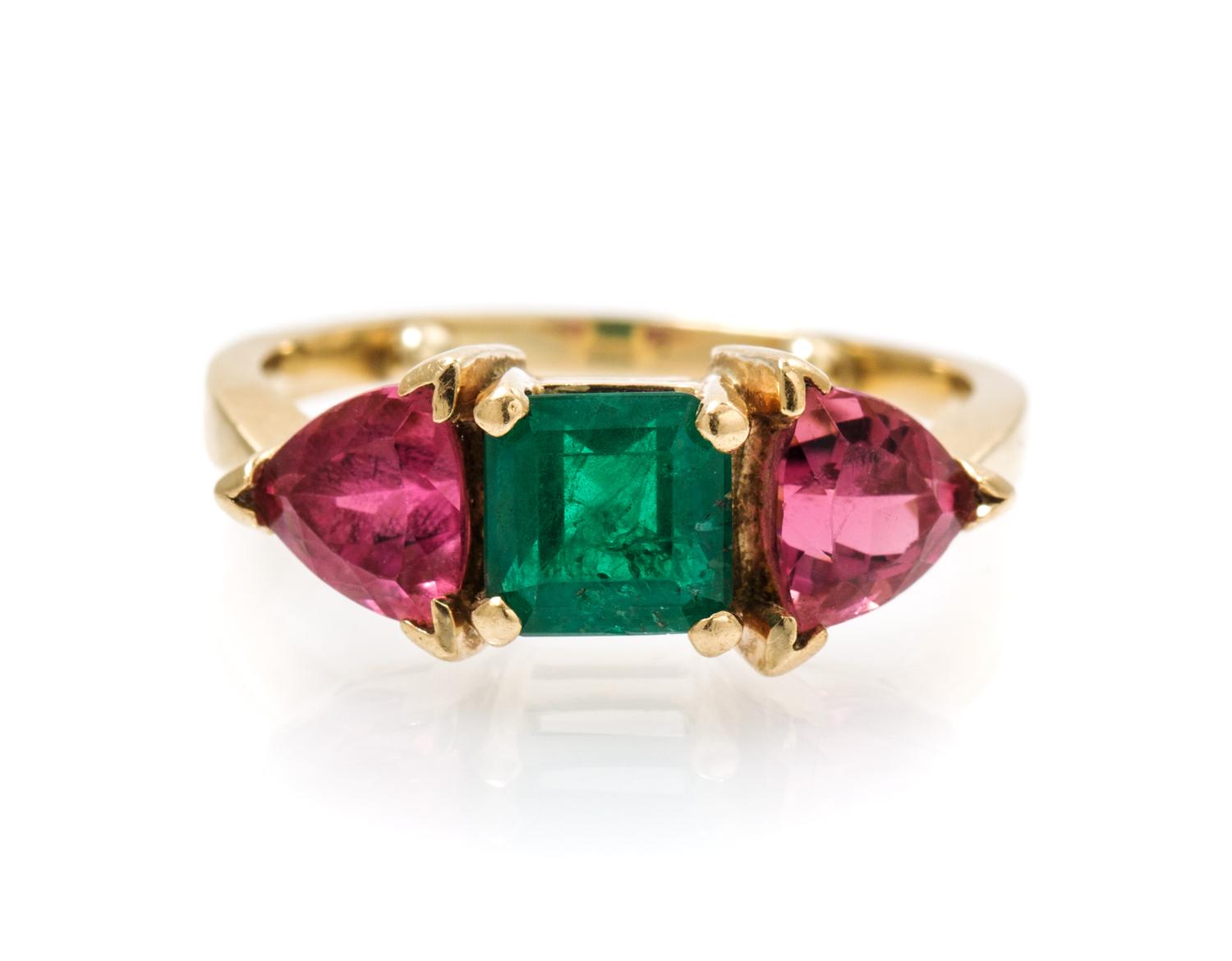 A 14 Karat Yellow Gold, Emerald and Pink Tourmaline Ring, 3.70 dwts.