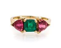 A 14 Karat Yellow Gold, Emerald and Pink Tourmaline Ring, 3.70 dwts.