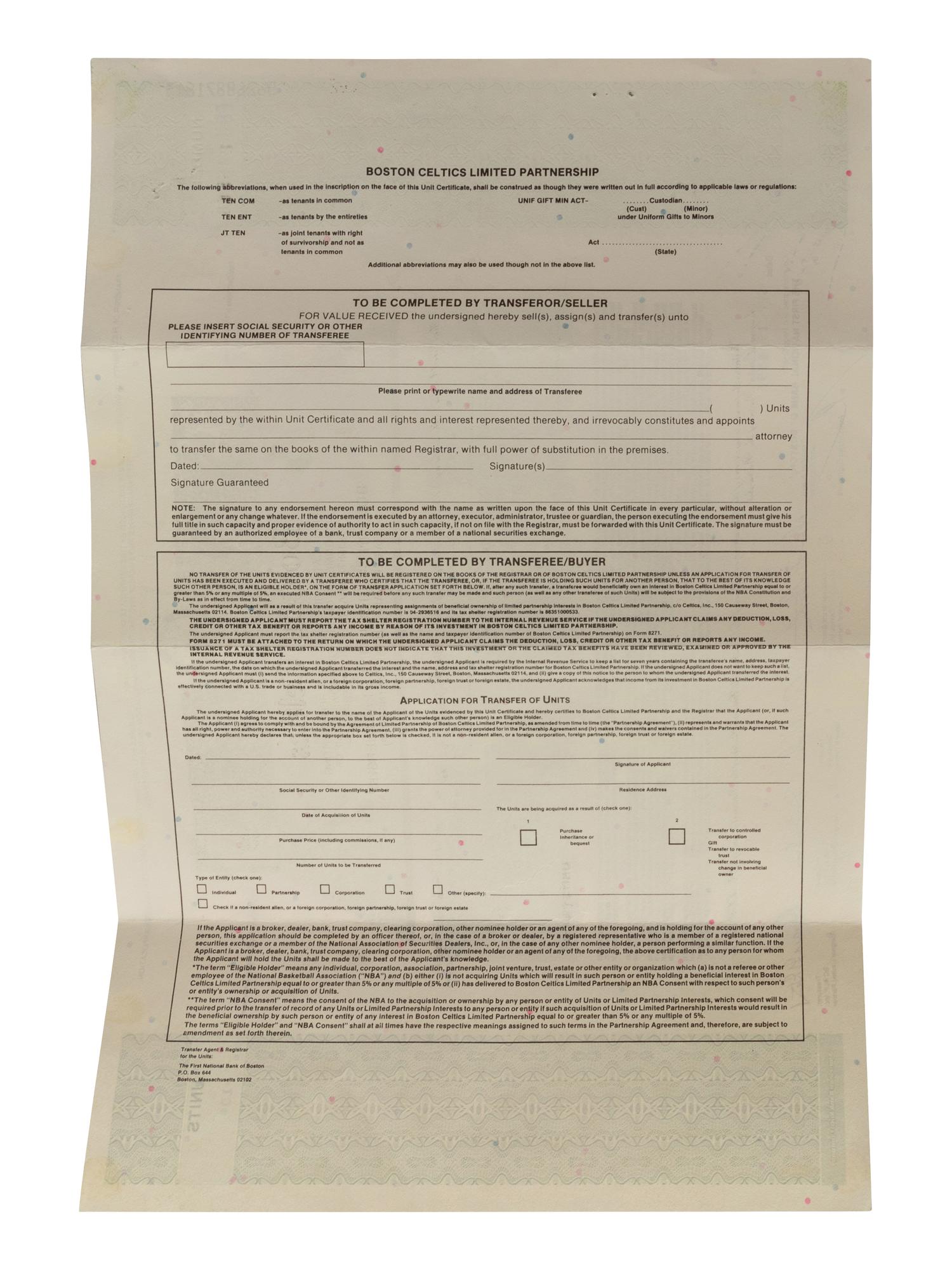 A 1996 Boston Celtics Stock Certificate,