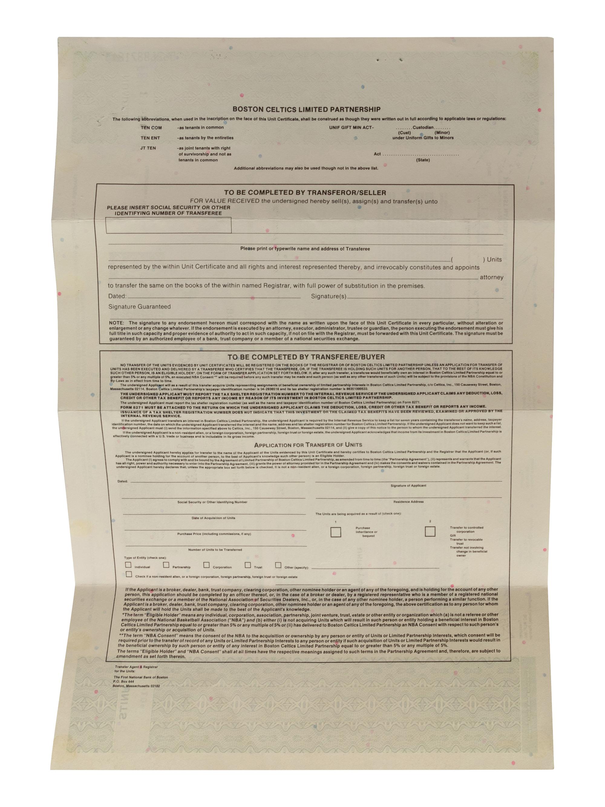A 1996 Boston Celtics Stock Certificate,