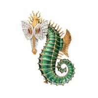 BICOLOR GOLD, DIAMOND, AND ENAMEL SEA DRAGON BROOCH