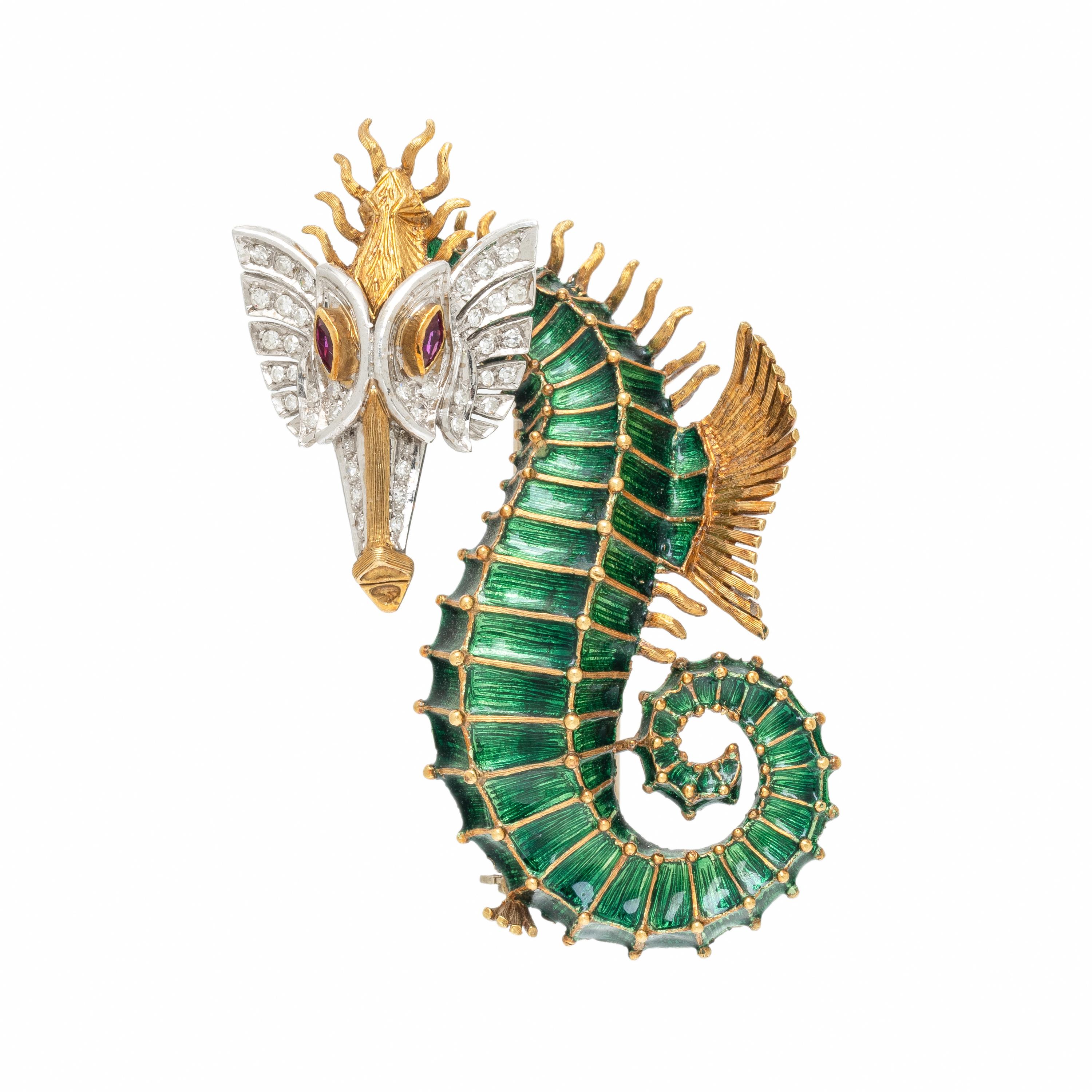 BICOLOR GOLD, DIAMOND, AND ENAMEL SEA DRAGON BROOCH