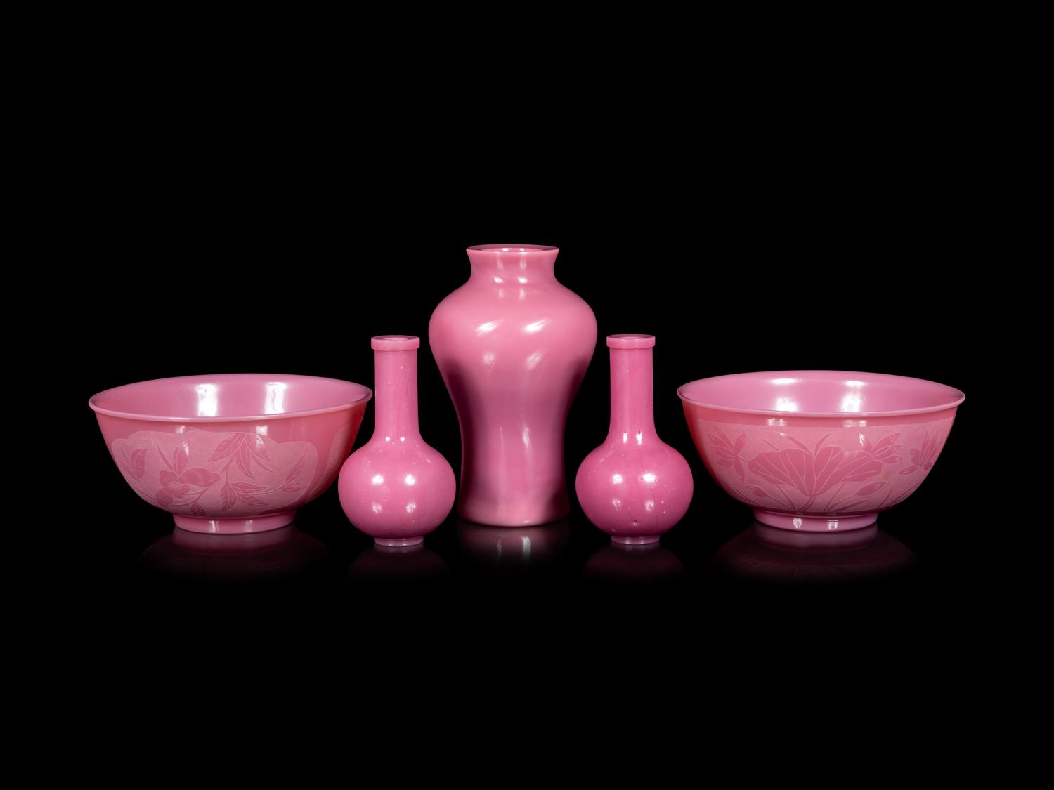 Five Chinese Opaque Pink Glass Articles